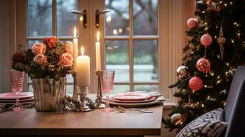 AI generated Festive date night tablescape idea, dinner table setting for two and Christmas, New Year, Valentines day decor, English country home styling photo