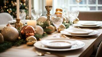 AI generated Table decor, holiday tablescape and formal dinner table setting for Christmas, holidays and event celebration, English country decoration and home styling photo