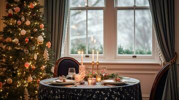 AI generated Table decor for festive family dinner at home, holiday tablescape and table setting, formal for wedding, celebration, English country and home styling photo