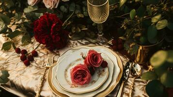 AI generated Wedding and event celebration tablescape with flowers, formal dinner table setting with roses and wine, elegant floral table decor for dinner party and holiday decoration, home styling photo