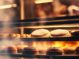 ai generado panadería en el mañana, caliente Fresco un pan y Pastelería horneando en el antiguo pueblo panadería, recién horneado productos en estantería y el horno, pequeño local negocio y comida producción. generativo ai foto