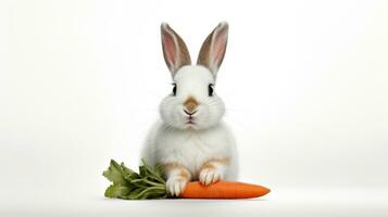 AI generated White Rabbit and Carrot on a white background. With copy space. Easter bunny. Suitable for various uses such as pet food advertisements or wildlife humor content. Banner, photo