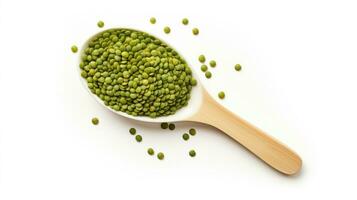 AI generated Top view of a wooden spoon with green lentils on a white background. Healthy vegetarian food, rich in protein and vitamins. Perfect for cooking, recipe or food related content. photo