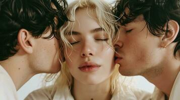 AI generated Blond woman in a white shirt kissed by two men. Trio relationship concept. Intimate moment in a romantic trio. Complex relationships and connection. Contemporary love and intimacy photo