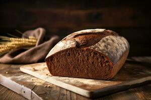 AI generated Rye Bread on wooden table against backdrop of blurred kitchen. Freshly baked loaf of rye bread with crispy crust. Made from organic whole grain rye flour. For bakery, food blog photo