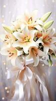 AI generated White lilies huge bouquet with peach ribbon bow on light background with glitter and bokeh. Perfect for poster, greeting card, event invitation, promotion, advertising, elegant design photo