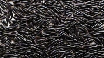 AI generated Close-up of black rice grains scattered on a white background, top view. Wild rice texture. Suitable for food and nutrition related content. Ideal for use in culinary photo