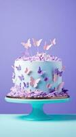 ai generado hermosamente decorado pastel adornado con púrpura azúcar mariposas y flores, desplegado en un verde azulado estar en contra un púrpura fondo. ideal para cumpleaños, eventos, fiestas, panadería foto