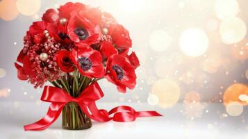 ai generado rojo amapolas ramo de flores en ligero antecedentes con Brillantina y Bokeh. bandera con Copiar espacio. Perfecto para póster, bandera, saludo tarjeta, evento invitación, promoción, publicidad, imprimir, foto