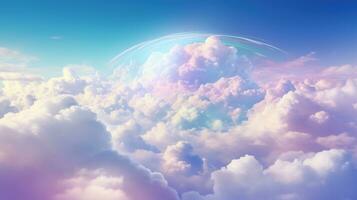 AI generated Delicate rainbow clouds of pink, purple, blue colors. Abstract beautiful sky background. Colorful Cloudscape. Copy Space. Ideal for creative designs, wallpapers, posters, ads, banners. photo