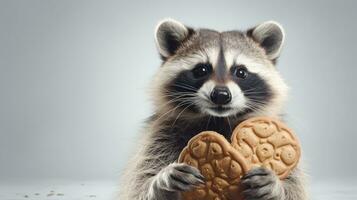 AI generated A raccoon caught in the act, holding a cookie with a surprised expression. On light background. With copy space. Cookie Thief. Cute animal. Perfect for snack ads or funny animal images photo