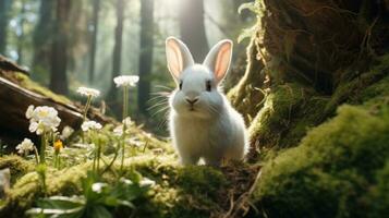 AI generated Rabbit in natural habitat, surrounded by plants and sunlight. Suitable for wildlife and environmental topics photo