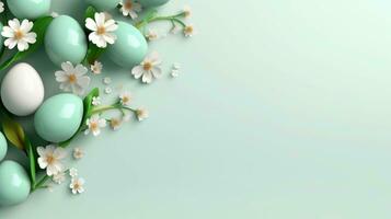 AI generated Frame background with Easter painted Eggs with flowers on light green gradient background. Banner with copy space. Perfest for Easter promotion, spring event, holiday greeting photo