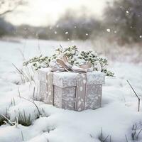 AI generated Christmas holiday gift and present, gift box in the snow in snowfall winter countryside nature for boxing day, holidays shopping sale photo