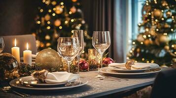 AI generated Holiday dinner at home, table decor photo