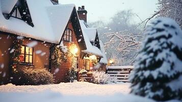 ai generado Navidad en el campo, cabaña y jardín decorado para Días festivos en un Nevado invierno noche con nieve y fiesta luces, Inglés país peinado foto