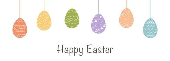 Festive horizontal banner template. Trendy geometric pattern on Easter Eggs in flat style. Raw of decorative eggs with various ornaments. Vector poster for religious holiday with caption Happy Easter.