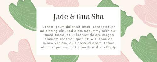 Web banner, Social media post, ad with title Gua Sha. Rose Quartz and Jade Scraping Massage tool. Natural pink and green stone scraper in different shapes. Trendy skin care. Vector flat background.