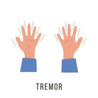 Hands with tremor symptom. Parkinson disease. Trembling or Shivering arms. Physiological stress symptoms. Mental disorders, panic, fear. Vector illustration in flat cartoon style.