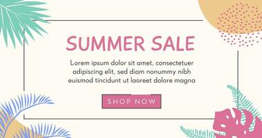 Colorful summer banner with tropical leaves. Trendy abstract horizontal poster template with palm and geometric element pattern. Modern summer sale background design, discount voucher, ad. Vector flat