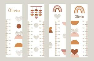 Vector Set of kids height charts with abstract boho shapes in terracotta colors. Meter wall with trendy flat art design. Children growth chart for girls. Bohemian earthy rainbow and heart for nursery.