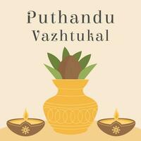 Puthandu Vazhtukal Holiday Tamil Translation Happy New Year. Ugandu or Diwali South India Sri Lanka Festival. Offering diya oil lamp in clay pot on dark background. Traditional Religious celebration. vector