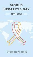 Concept of hepatitis A, B, C, D, cirrhosis, world hepatitis day. Web Horizontal Banner Template with world map, virus and colored red and yellow ribbon. Medical poster for Viral Hepatitis. Vector. vector