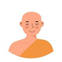 Cute Peaceful Buddhist Monk in yellow robe meditating with closed eyes. Meditation and yoga practicing. Zen. Mindfulness practice, self-awareness. Flat vector character isolated on white background.