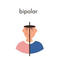 Split face double personality bipolar disorder. Male character with mental health problems. Sad depressed and happy joyous mood change. Vector flat illustration of schizophrenia disease.