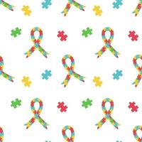 Seamless repeated pattern with puzzle pieces and ribbon for International Autism Awareness Day. Autistic disease. Mental Health. Jigsaw for print and web design. Vector flat.