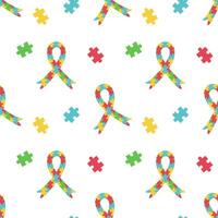 Seamless repeated pattern with puzzle pieces and ribbon for International Autism Awareness Day. Autistic disease. Mental Health. Jigsaw for print and web design. Vector flat.