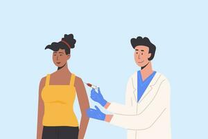 Male and female doctor in a medical gown and gloves gives vaccine shot to patient. Vaccination campaign. Concept illustration for immunity health.  Flat illustration isolated vector