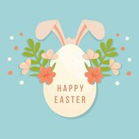 Vector Illustration of Happy Easter Holiday with Painted Egg, Rabbit Ears and Flowers on Blue Background. International Celebration Design with Typography for Greeting Card or Party Invitation.