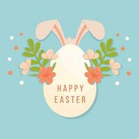 Vector Illustration of Happy Easter Holiday with Painted Egg, Rabbit Ears and Flowers on Blue Background. International Celebration Design with Typography for Greeting Card or Party Invitation.