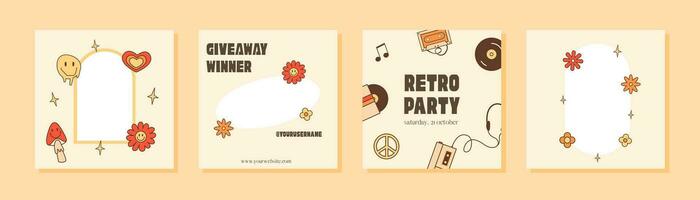 Social media post template with funky nostalgic frames. Retro 60s 70s aesthetic greeting cards. Vintage background for online blog. Vector set of square poster in groovy style with hippie symbols.