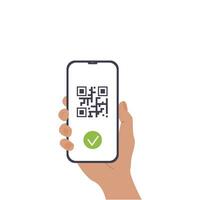 Mobile Cashless Payment system or Scan Qr Code and approval sign vector flat illustration. A hand holding mobile phone. Concept of Digital Banking Service isolated on white. Contactless pay.