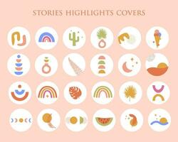 Tropical Bohemian Summer Set of abstract story highlight cover in bright color. Trendy boho hand drawn doodle shape, palm and blob in contemporary style. Modern flat vector round social media stories