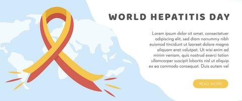 Concept of hepatitis A, B, C, D, cirrhosis, world hepatitis day. Web Horizontal Banner Template with world map, virus and colored red and yellow ribbon. Medical poster for Viral Hepatitis. Vector. vector