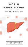 Concept of hepatitis A, B, C, D, cirrhosis, world hepatitis day. Web Horizontal Banner Template with world map and healthy human liver attacked by virus. Medical poster for Viral Hepatitis. Vector. vector