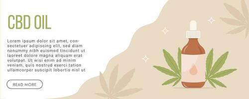 CBD Hemp Oil web banner in organic color with marijuana leaf. Natural holistic remedy. Cannabinoid poster with place for text. Alternative medicine for pain, stress, anxiety relief. Vector flat design