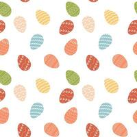 Happy Easter seamless pattern with decorated various ornaments of eggs on white background and blooming flowers. Festive print or web design. Flat vector for spring religious holiday Paschal.