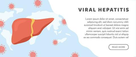 Concept of hepatitis A, B, C, D, cirrhosis, world hepatitis day. Web Horizontal Banner Template with world map and healthy human liver attacked by virus. Medical poster for Viral Hepatitis. Vector. vector