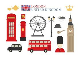 England London icon flat vector set. Cultural symbols of United Kingdom. Red phone booth, british mailbox, guardsman.