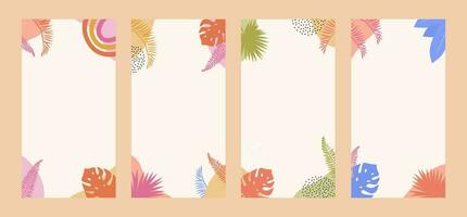 Set of modern summer story template design in pastel earthy colors. Vertical banner with Abstract geometrical shapes and tropical leafs in boho style. Vector flat illustration for ad on social media.