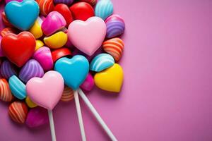 AI generated Candy spectrum heart shaped treats create a rainbow of sweetness photo