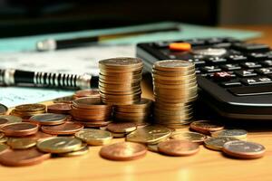 AI generated On the desk Pile of coins, calculator, and financial budget photo