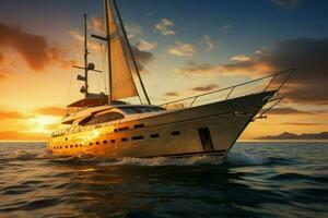 AI generated Nautical opulence a luxury yacht cruises in golden serenity as the sun sets photo