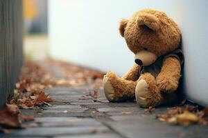 AI generated Sad reflection Childs concept of sorrow, teddy bear by house wall photo