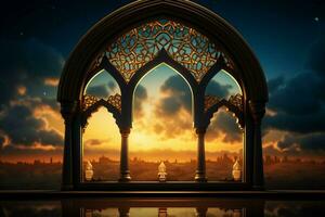 AI generated Divine Ramadan Eid Mubarak Mosque silhouette, lantern, radiant background photo