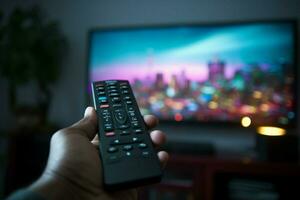 AI generated TV control POV shot captures a mans hand with remote photo